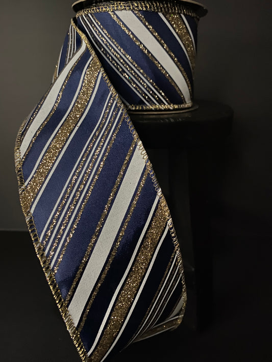 Ribbon-Navy Christmas Ribbon, Satin Double Platinum Glitter Stripe, 2.5"x10yds.