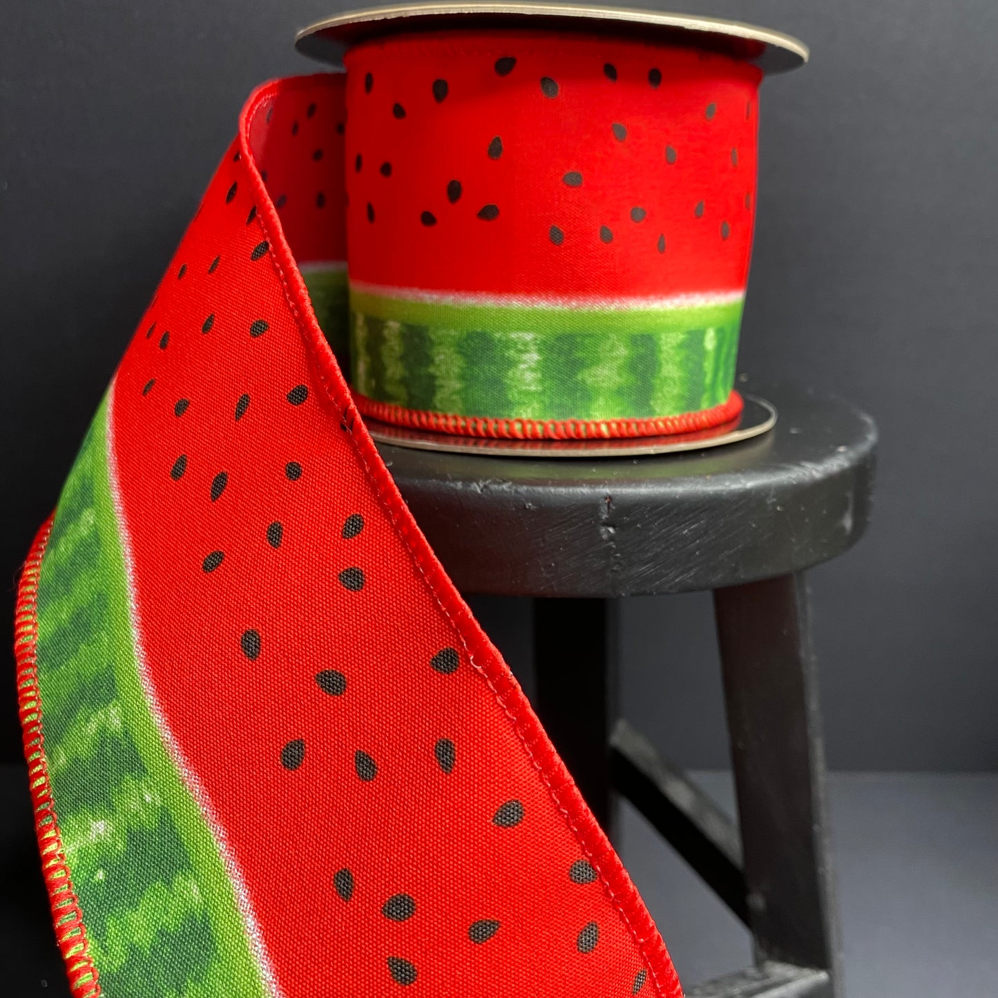 D Stevens Watermelon Ribbon with rind in red and green with black seeds. It’s 2.5”x 10yds wired . Wreath ribbon, designer ribbon, picnic