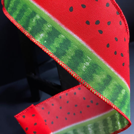 D Stevens Watermelon Ribbon with rind in red and green with black seeds. It’s 2.5”x 10yds wired . Wreath ribbon, designer ribbon, picnic