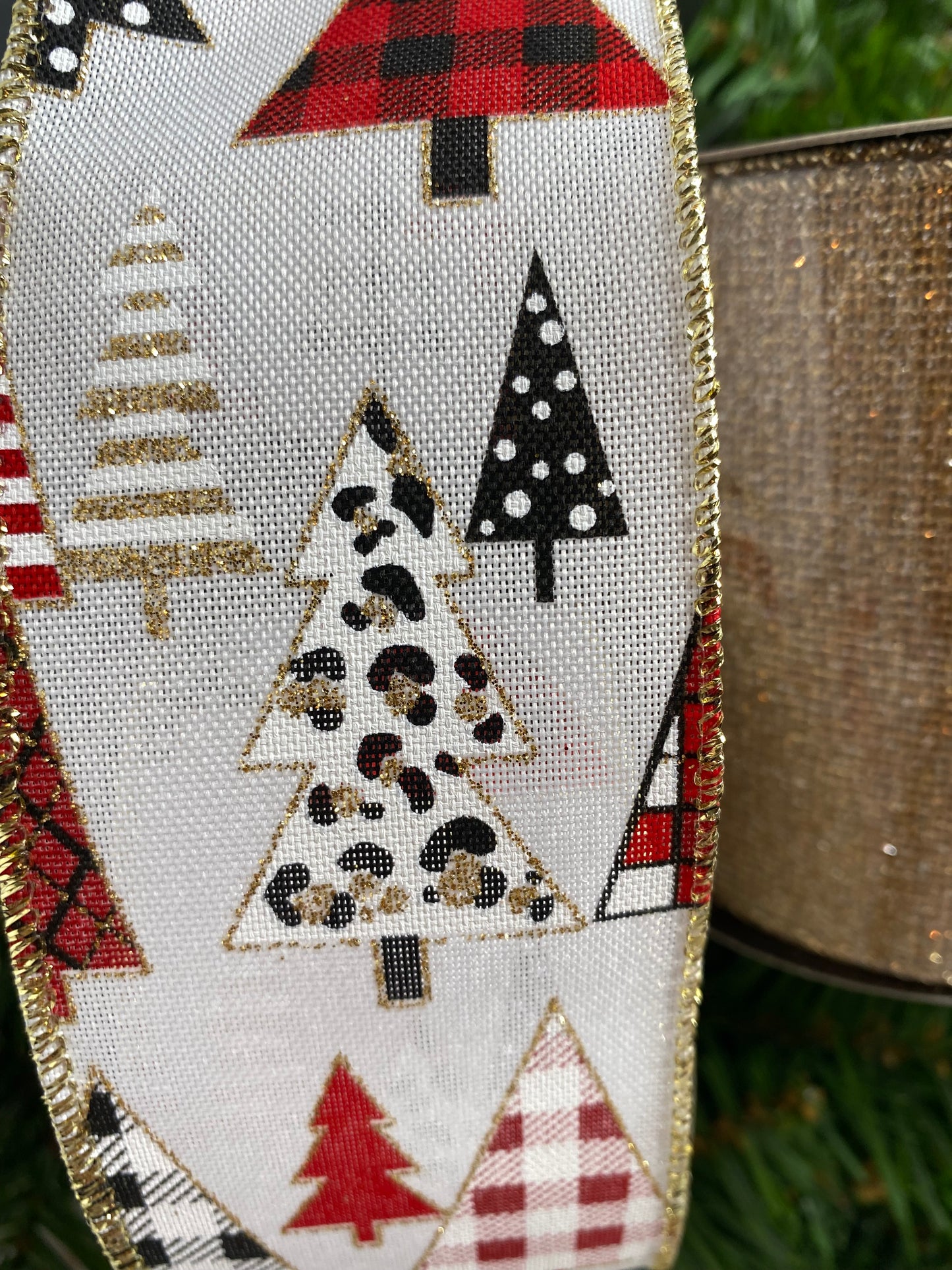 10yards, 2.5-inch Wired Christmas Ribbon, Plaid Leopard Trees, White, D Stevens Ribbon, Gold Trim and Glitter, Christmas Ribbon