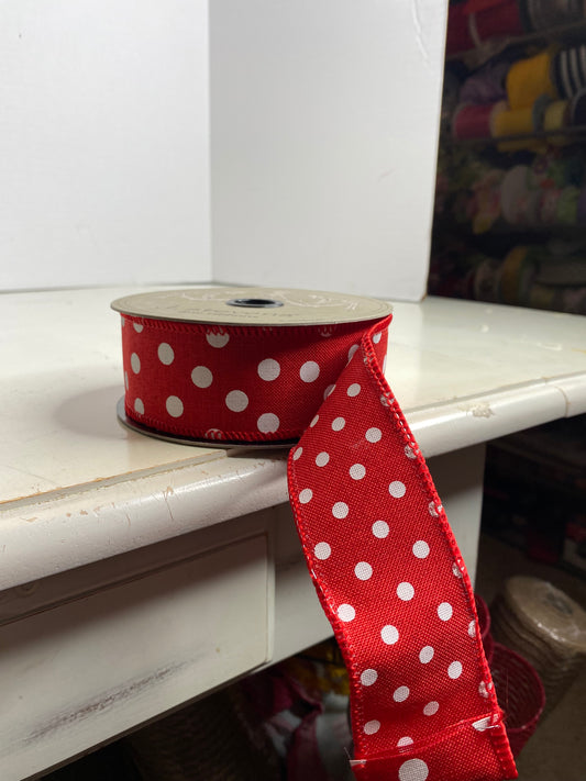 D. Stevens 1.5"x10yds faux linen large white dots on red with small white dots on backing. Designer ribbon.