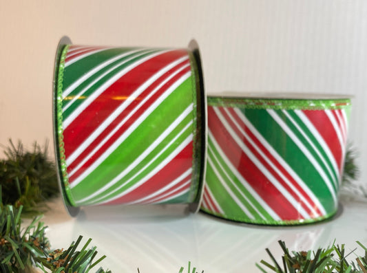2.5”x10yds D. Stevens Christmas Ribbon - Satin Red, Green, and White Stripe Candy Cane Ribbon - Wired - Holiday Ribbon