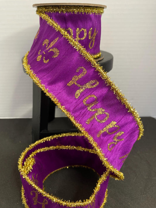 D Stevens 2.5”x 10yds Dupion Purple Mardi Gras wired Ribbon with a Gold Tinsel Edge. Mardi Gras ribbon, Wreath ribbon, Designer ribbon