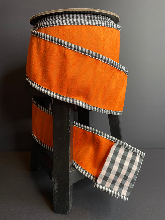 Halloween Ribbon orange/tangerine, black & white check back/trim, carousal dupion ribbon. D.Stevens ribbon, wreaths, bows,wired