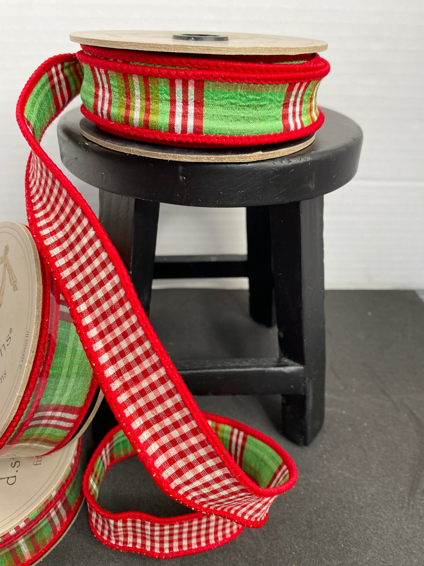 Christmas Ribbon-1”x10yds North Pole Red Check back, green-pink, NO TWO ALIKE