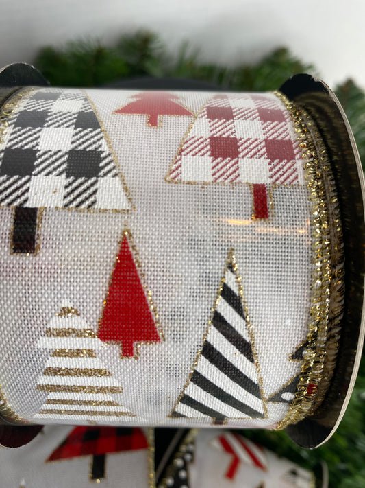 10yards, 2.5-inch Wired Christmas Ribbon, Plaid Leopard Trees, White, D Stevens Ribbon, Gold Trim and Glitter, Christmas Ribbon