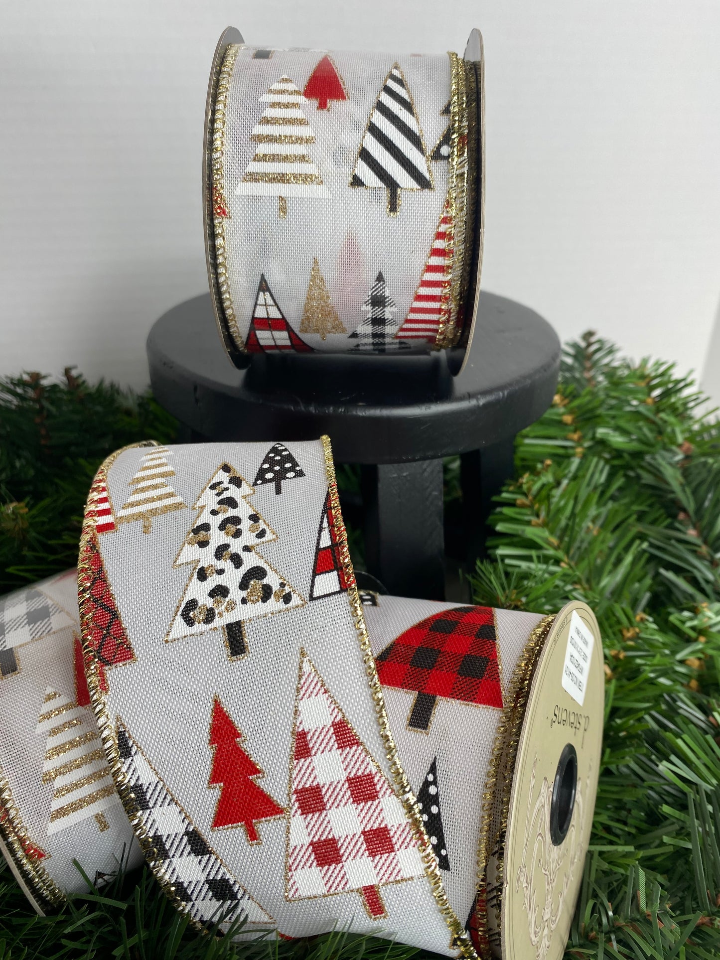 10yards, 2.5-inch Wired Christmas Ribbon, Plaid Leopard Trees, White, D Stevens Ribbon, Gold Trim and Glitter, Christmas Ribbon