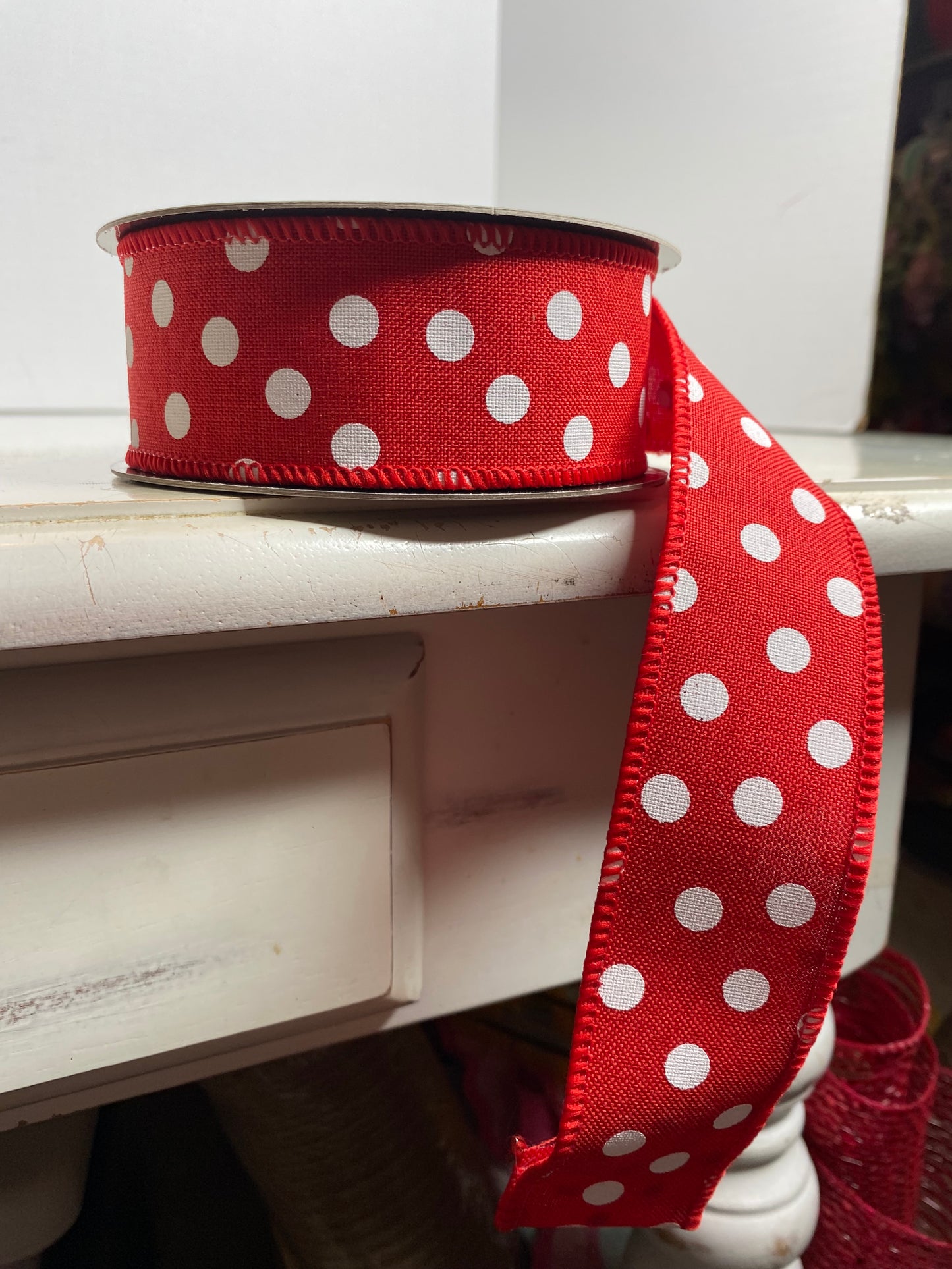 D. Stevens 1.5"x10yds faux linen large white dots on red with small white dots on backing. Designer ribbon.