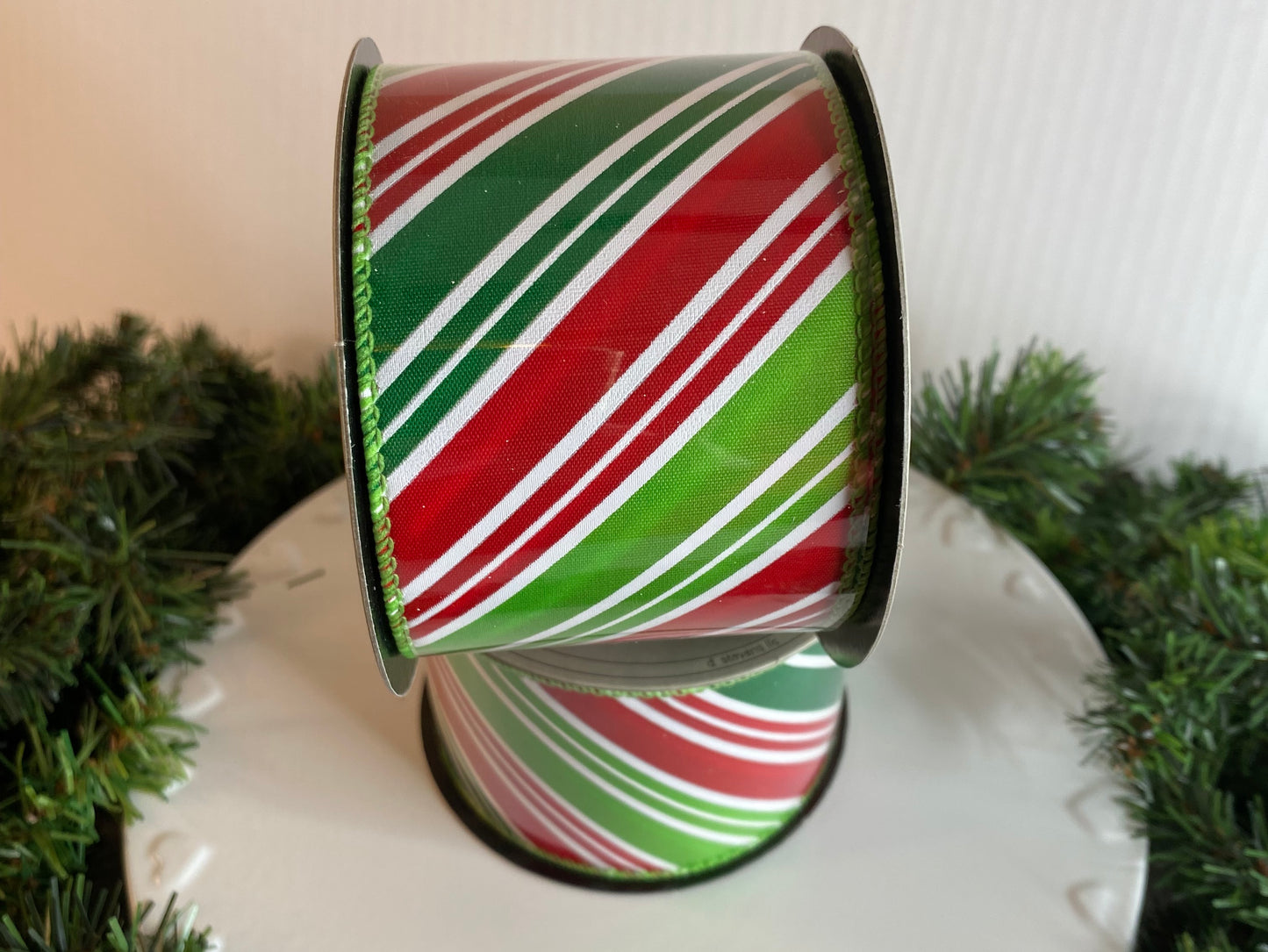 2.5”x10yds D. Stevens Christmas Ribbon - Satin Red, Green, and White Stripe Candy Cane Ribbon - Wired - Holiday Ribbon