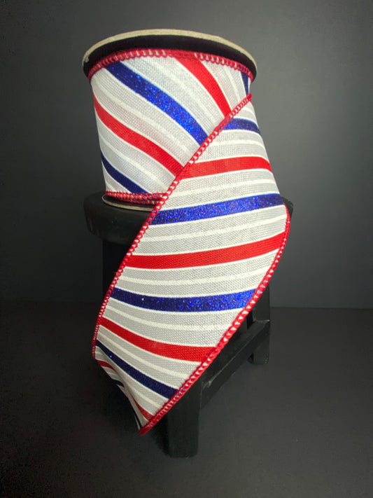 D.Stevens 2.5”x10yds linen patriotic glitter wave ribbon in white, red, blue. Patriotic ribbon, designer ribbon, bows, garlands