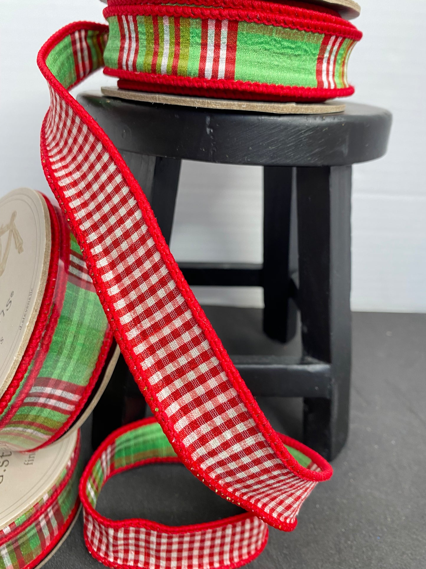 Christmas Ribbon-1”x10yds North Pole Red Check back, green-pink, NO TWO ALIKE