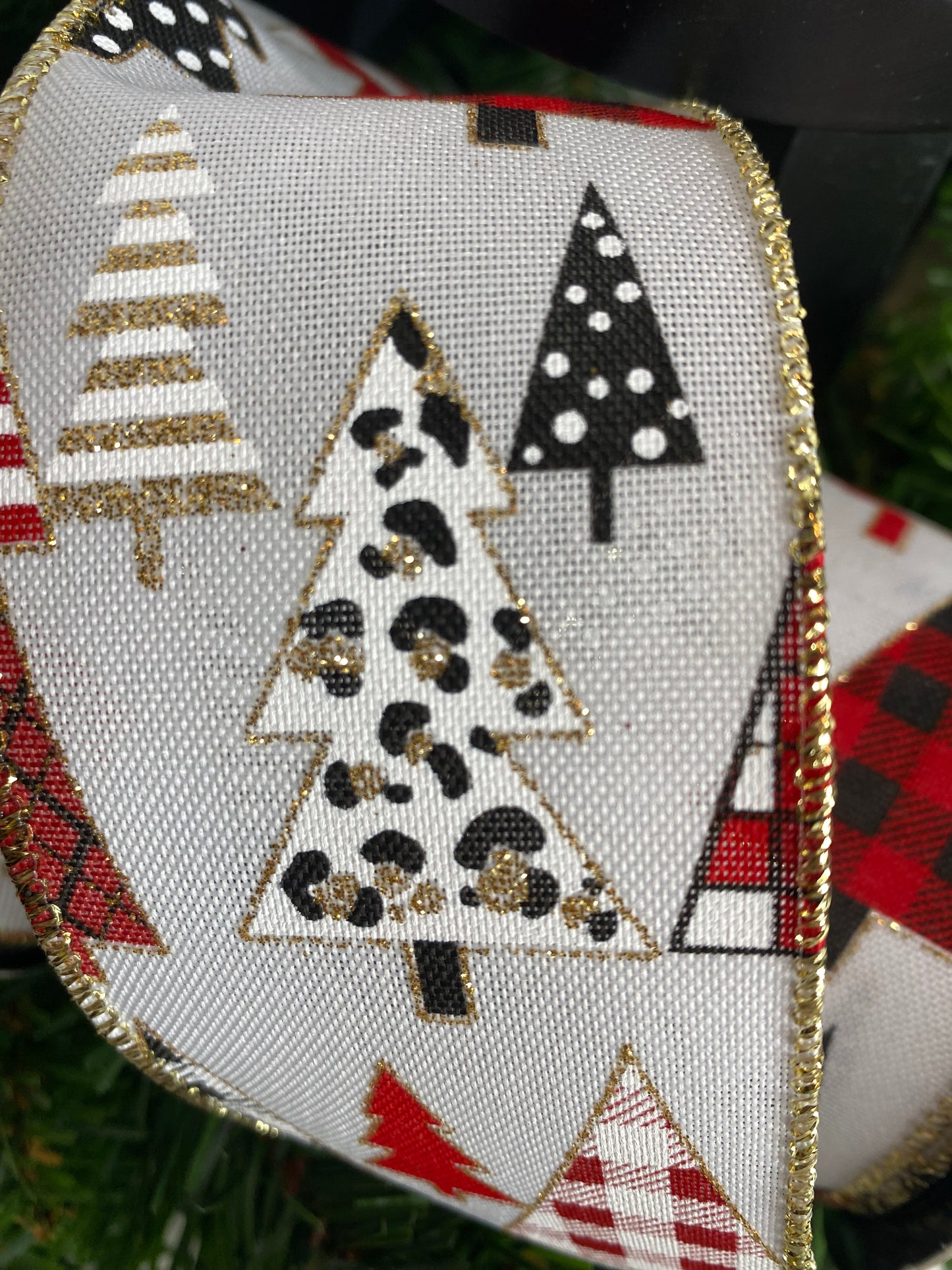 10yards, 2.5-inch Wired Christmas Ribbon, Plaid Leopard Trees, White, D Stevens Ribbon, Gold Trim and Glitter, Christmas Ribbon