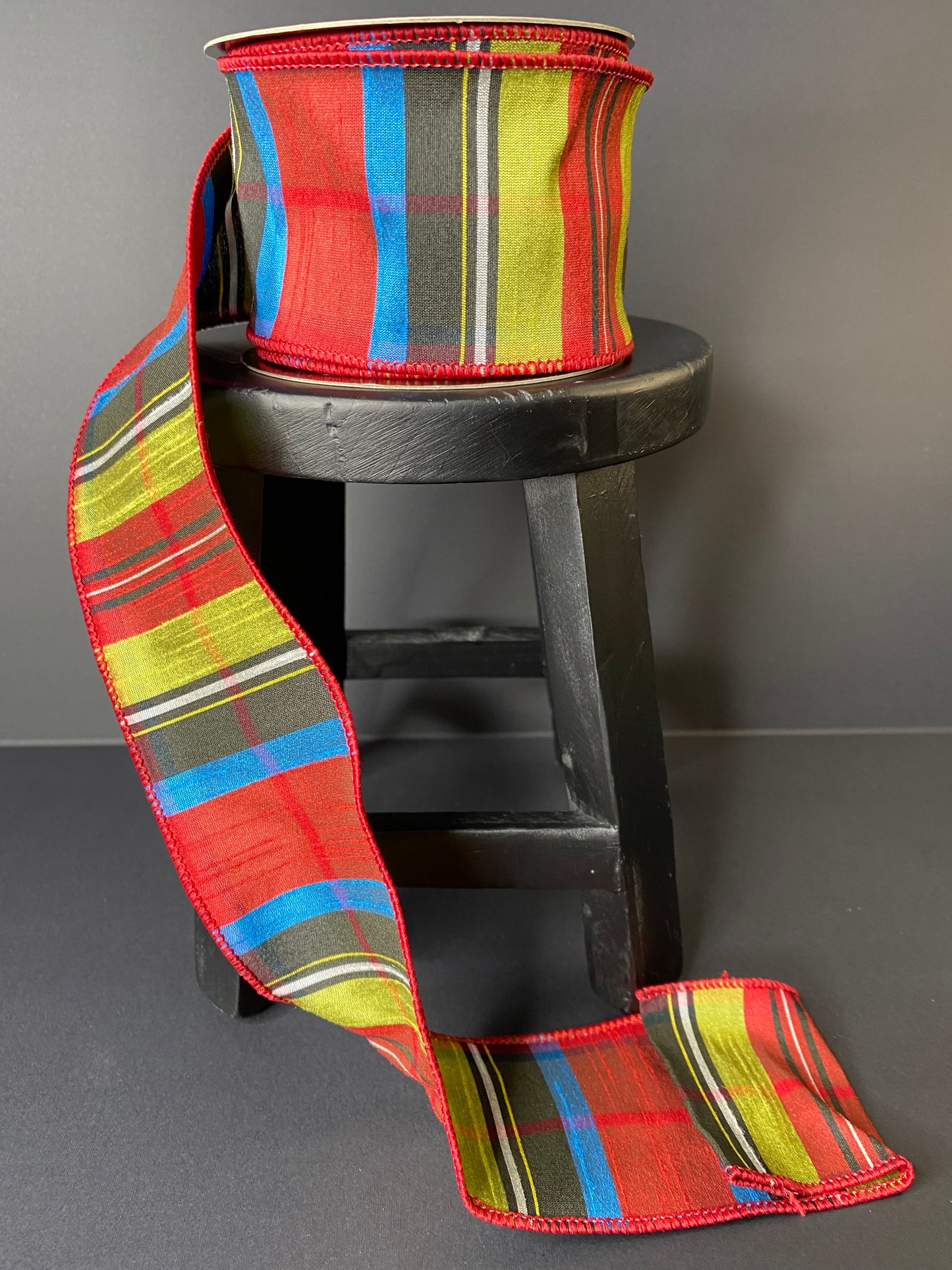 Ribbon-Nutcracker Plaid Wired Ribbon in Red, Lime, and Blue, dupion, 2.5"x10yds.