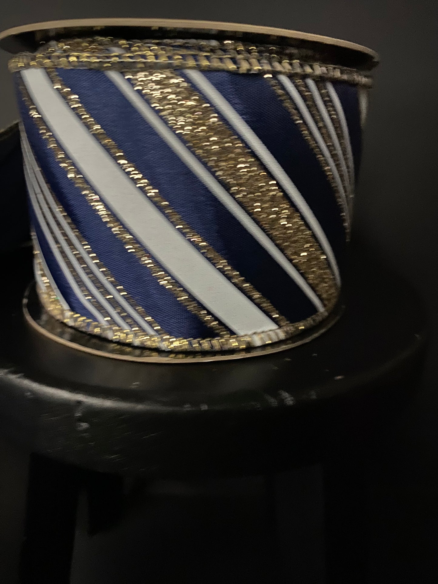 Ribbon-Navy Christmas Ribbon, Satin Double Platinum Glitter Stripe, 2.5"x10yds.
