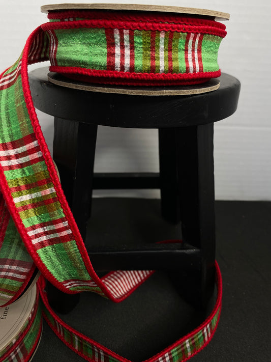 Christmas Ribbon-1”x10yds North Pole Red Check back, green-pink, NO TWO ALIKE