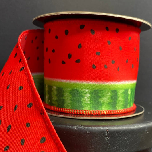 D Stevens Watermelon Ribbon with rind in red and green with black seeds. It’s 2.5”x 10yds wired . Wreath ribbon, designer ribbon, picnic