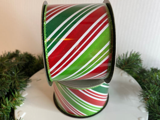 2.5”x10yds D. Stevens Christmas Ribbon - Satin Red, Green, and White Stripe Candy Cane Ribbon - Wired - Holiday Ribbon