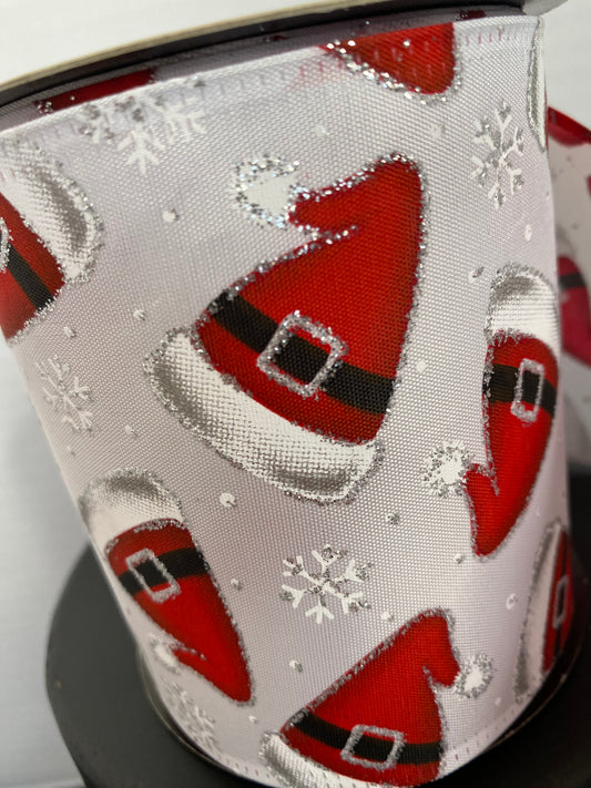 D Stevens 4”x 10yds  Satin Silver Glitter Red Santa Hat, White Ribbon, Wreath Ribbon, Designer Ribbon, Christmas Ribbon, Santa Ribbon