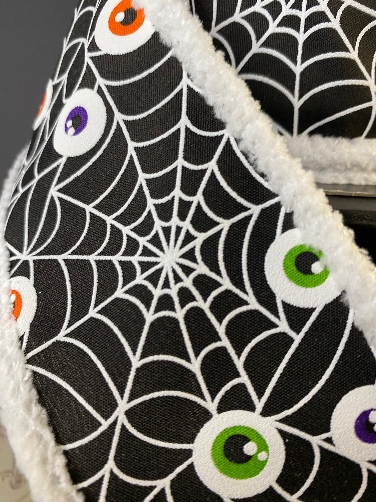 Halloween Ribbon with Spiderwebs and Eyeballs in a black with a fuzzy edge.  It's a 2.5"x10yds poplin ribbon.