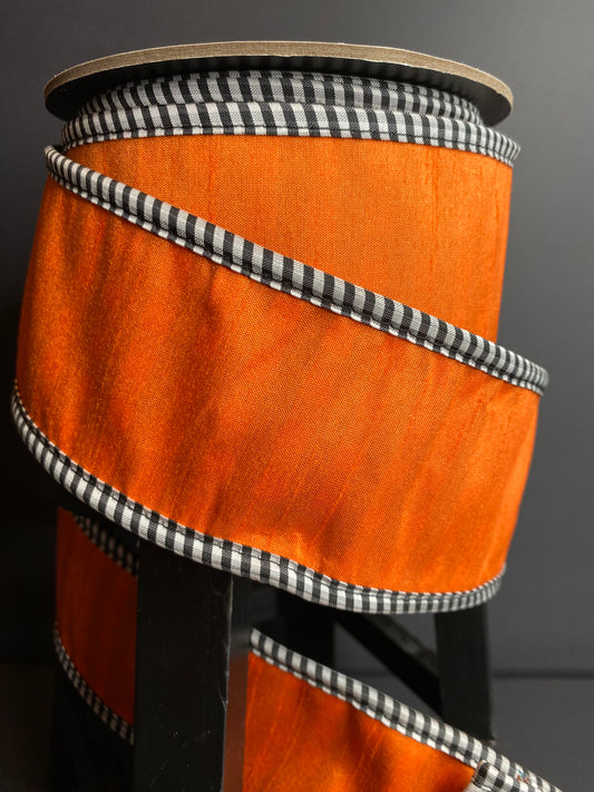 Halloween Ribbon orange/tangerine, black & white check back/trim, carousal dupion ribbon. D.Stevens ribbon, wreaths, bows,wired