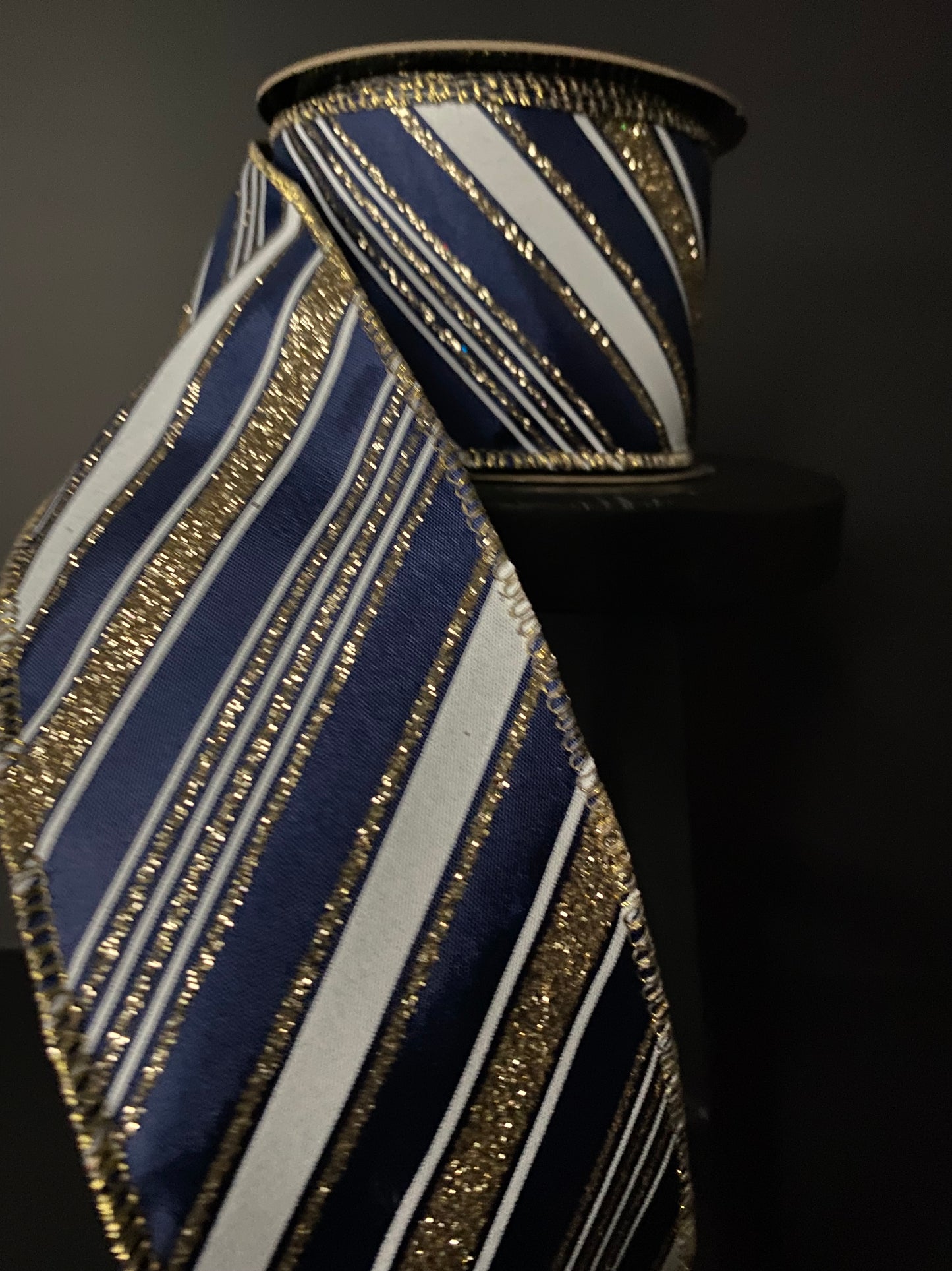 Ribbon-Navy Christmas Ribbon, Satin Double Platinum Glitter Stripe, 2.5"x10yds.