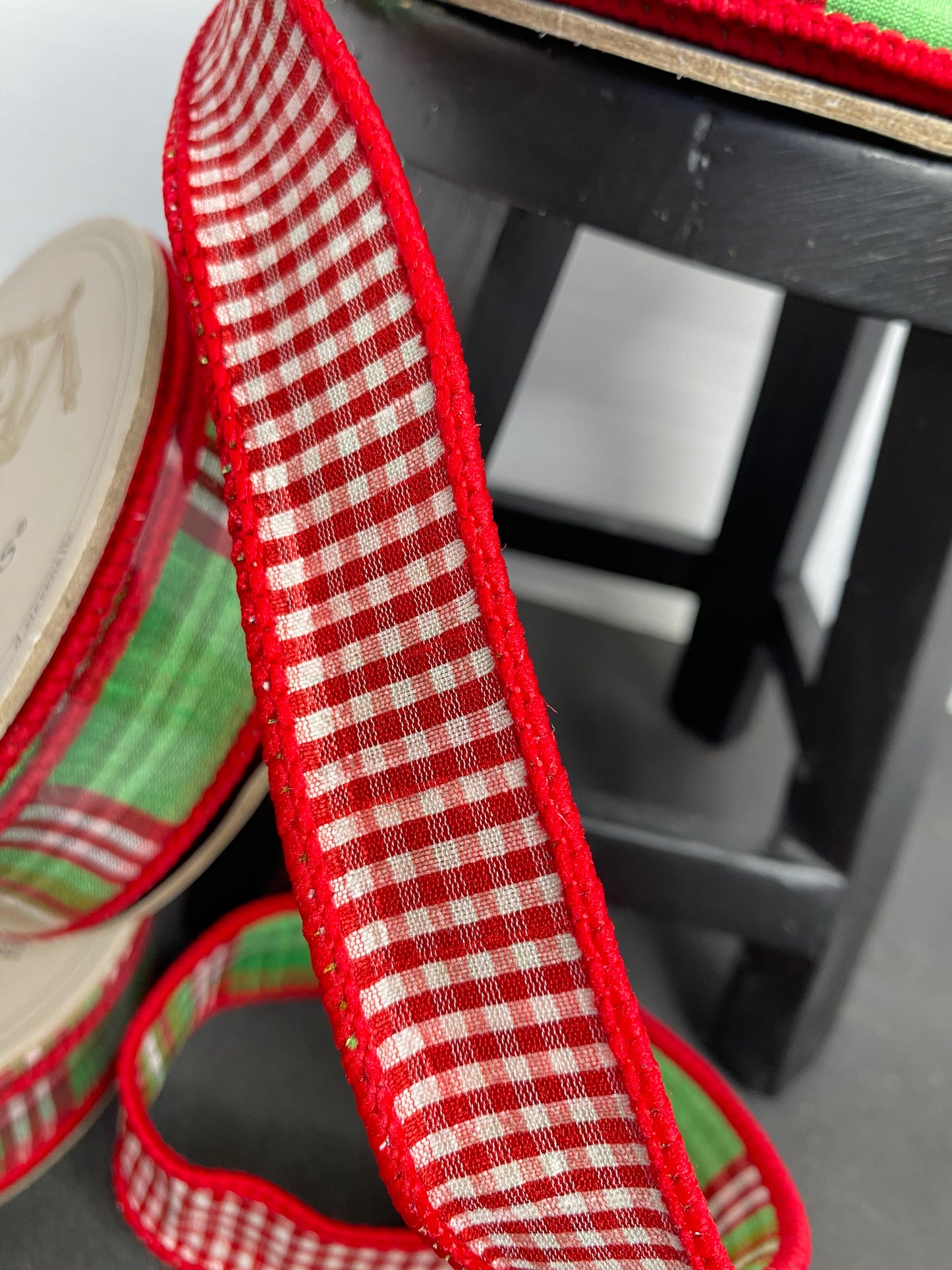 Christmas Ribbon-1”x10yds North Pole Red Check back, green-pink, NO TWO ALIKE