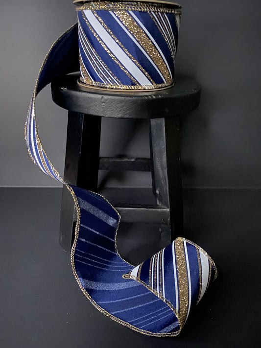 Ribbon-Navy Christmas Ribbon, Satin Double Platinum Glitter Stripe, 2.5"x10yds.