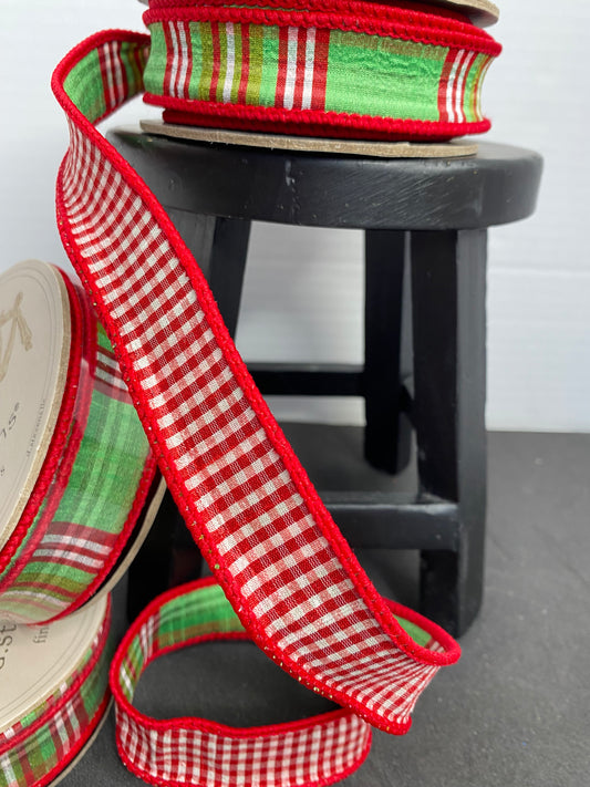 Christmas Ribbon-1”x10yds North Pole Red Check back, green-pink, NO TWO ALIKE