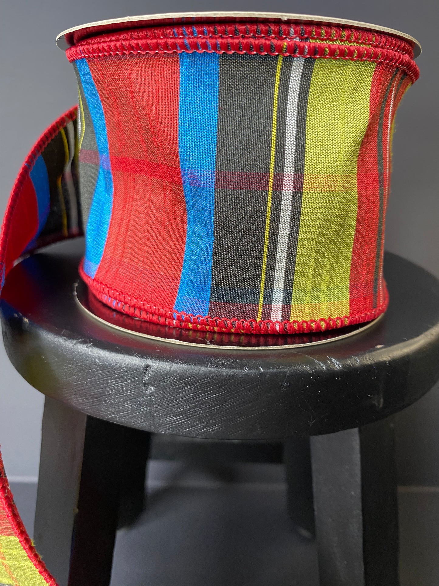 Ribbon-Nutcracker Plaid Wired Ribbon in Red, Lime, and Blue, dupion, 2.5"x10yds.
