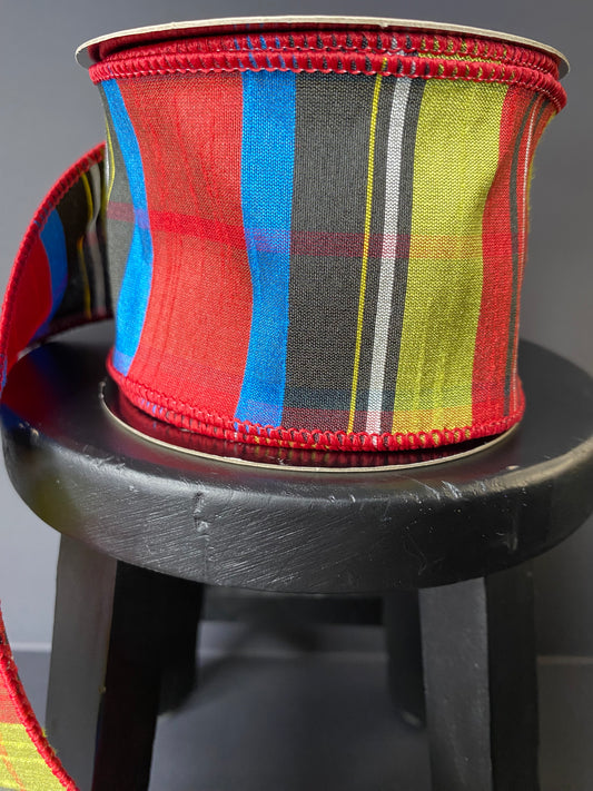 Ribbon-Nutcracker Plaid Wired Ribbon in Red, Lime, and Blue, dupion, 2.5"x10yds.