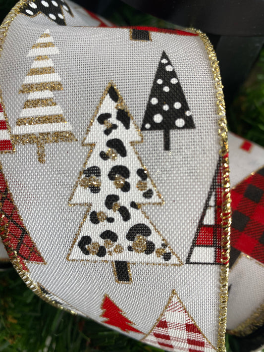 10yards, 2.5-inch Wired Christmas Ribbon, Plaid Leopard Trees, White, D Stevens Ribbon, Gold Trim and Glitter, Christmas Ribbon