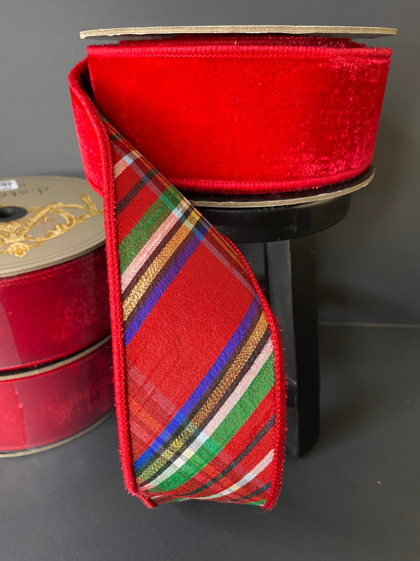 Ribbon-Red Velvet Ribbon with Nutcracker plaid backing.  2.5"x10yds.