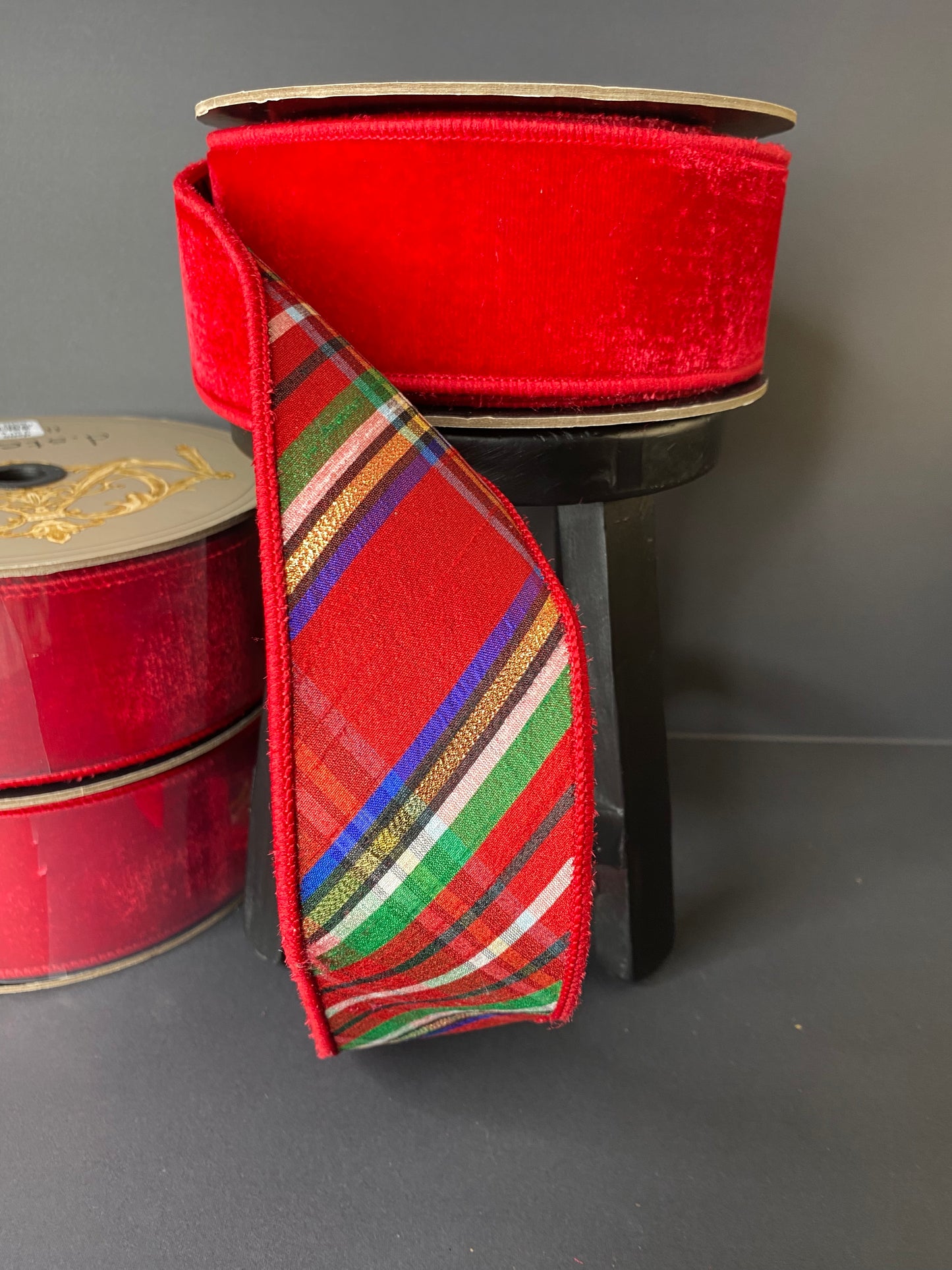 Ribbon-Red Velvet Ribbon with Nutcracker plaid backing.  2.5"x10yds.