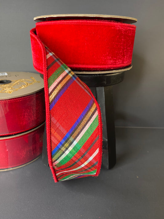 Ribbon-Red Velvet Ribbon with Nutcracker plaid backing.  2.5"x10yds.